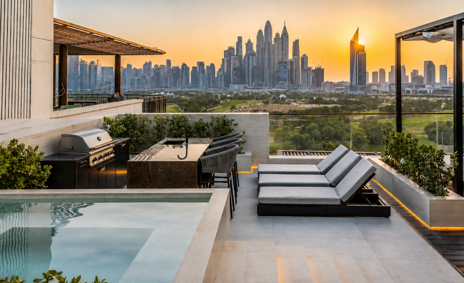 Rooftop terrace and pool overlooking the Dubai Marina skyline at sunset