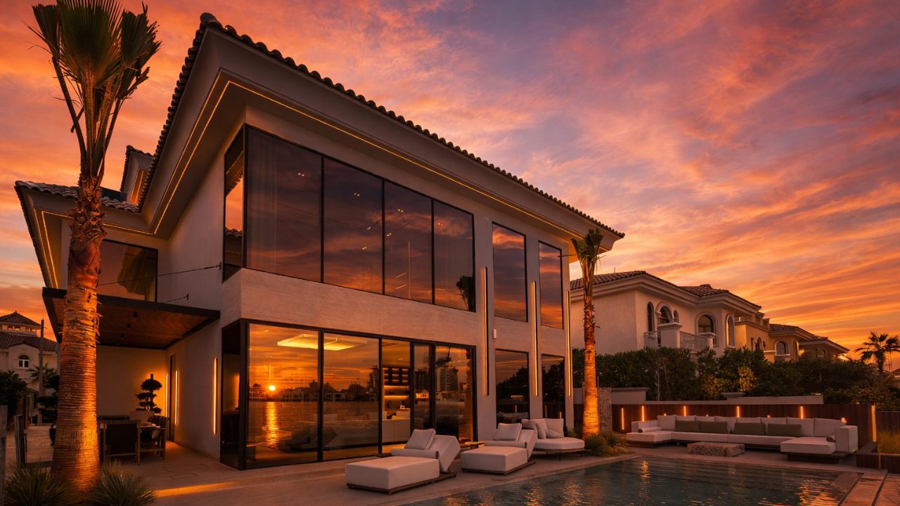 Villa exterior at sunset