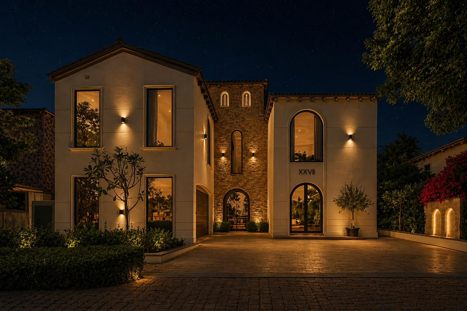 Villa façade at night